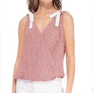 Bobeau Top Women's Size Medium Red Gingham Sleeveless Faux Wrap Casual Blouse